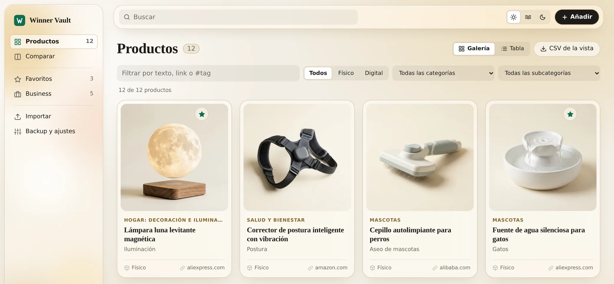 Winner Vault product gallery. A sidebar lists Products, Compare, Favorites, Business, Import, and Backup. The main area shows a search bar, filters by type and category, and product cards with a photo, category, name, and source store.