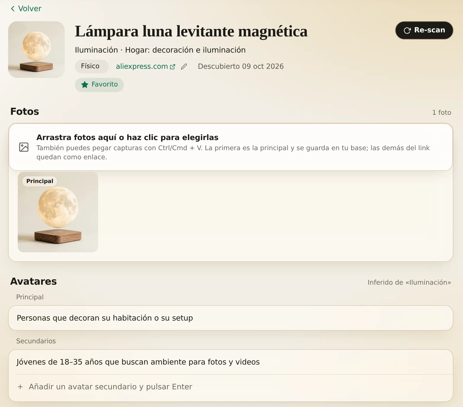 A Winner Vault product file for a levitating moon lamp. It shows the product name, category, source store, discovery date, a Re-scan button, the saved photo, and an Avatars block with a main avatar and a secondary avatar.